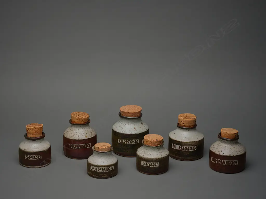 A set of seven Len Castle stoneware herb/spice jars, Image 1++